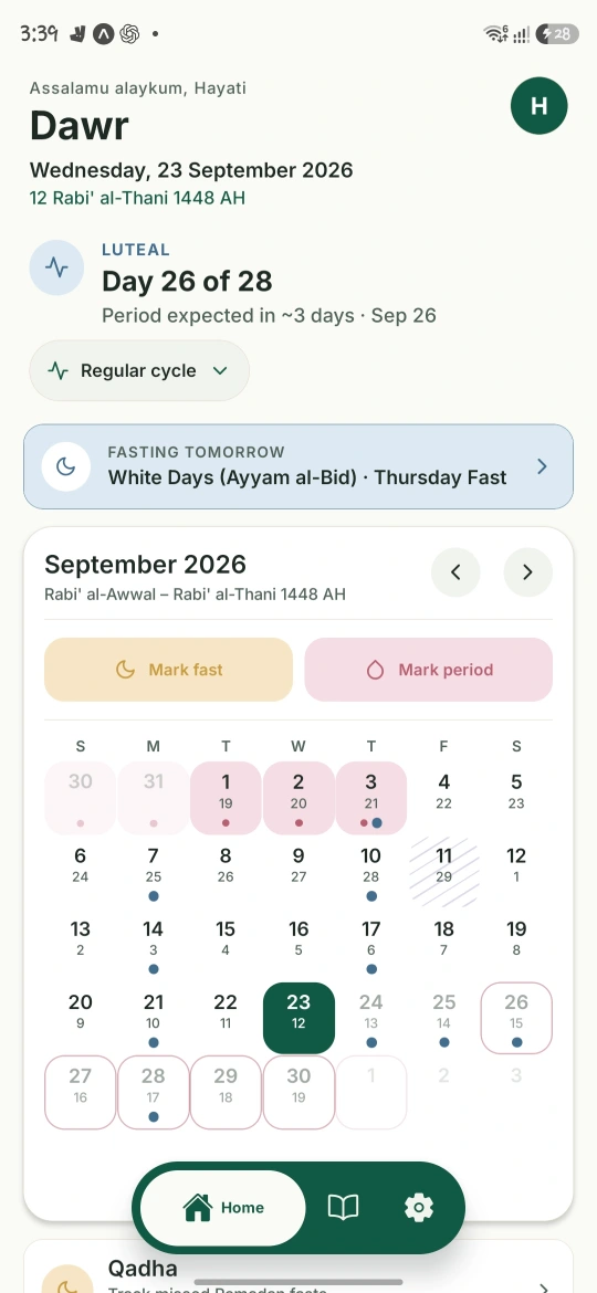 DAWR Home screen showing cycle context, a fasting reminder and the September calendar